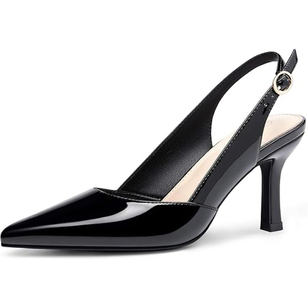 Womens Black P Closed Toe Faux Leather Slingback Kitten Heel Wedding Pumps Shoes